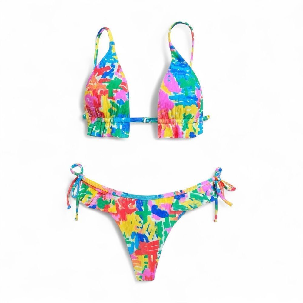 Aurelle Henri Triangle Bikini Set Multicolor Sz M Ribbed Ruffle Tie Side Cheeky